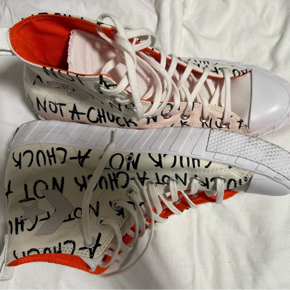 Converse White High-Top Sneakers with Orange Lining and Handwritten Graphic - Picture 4 of 5